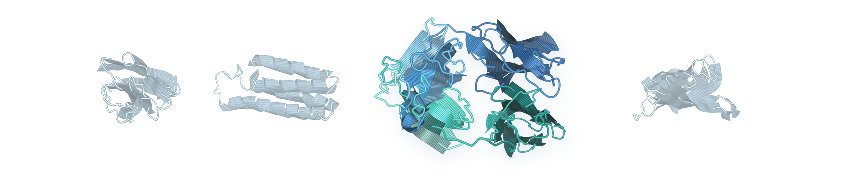 Ribbon drawings of four different protein folds, three pale and one drawn in full color.